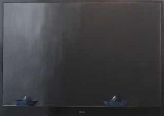 Dariusz Mlącki, TV with Paper Boats, acrylic on canvas